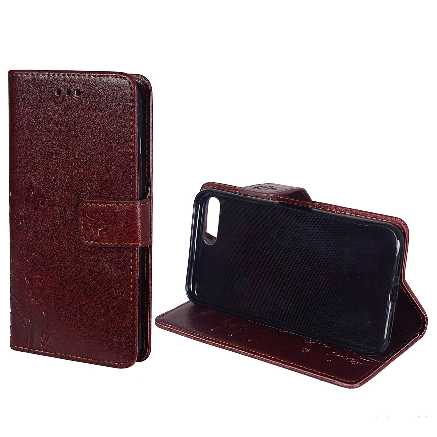 Braune Leder-Handyhülle, offen. Telefon innen. Geprägtes Blumenmuster auf der Vorderseite.