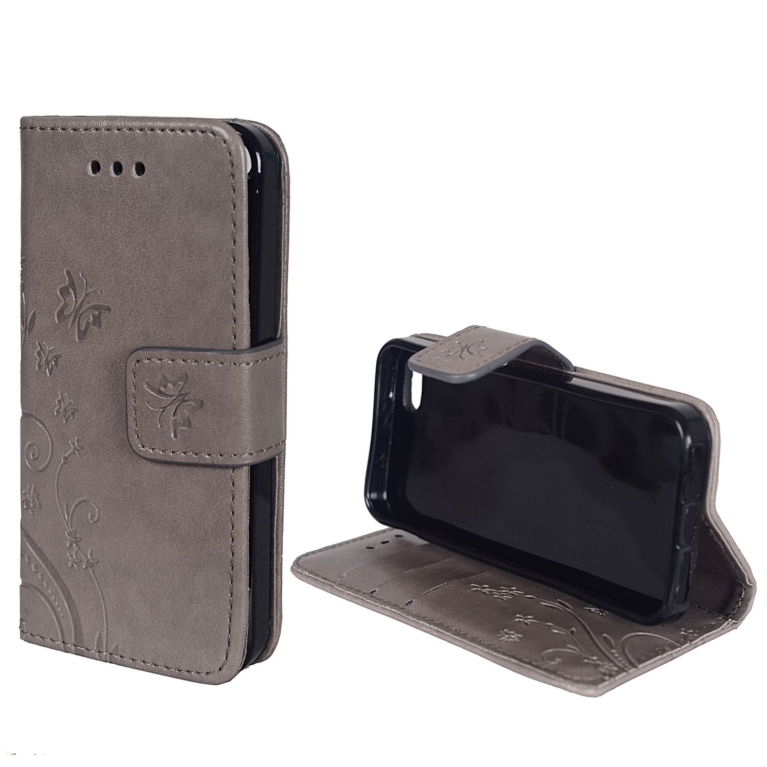 Graue Handyhülle mit floralem Design und Magnetverschluss. Das Telefon ist darin. Weißer Hintergrund.