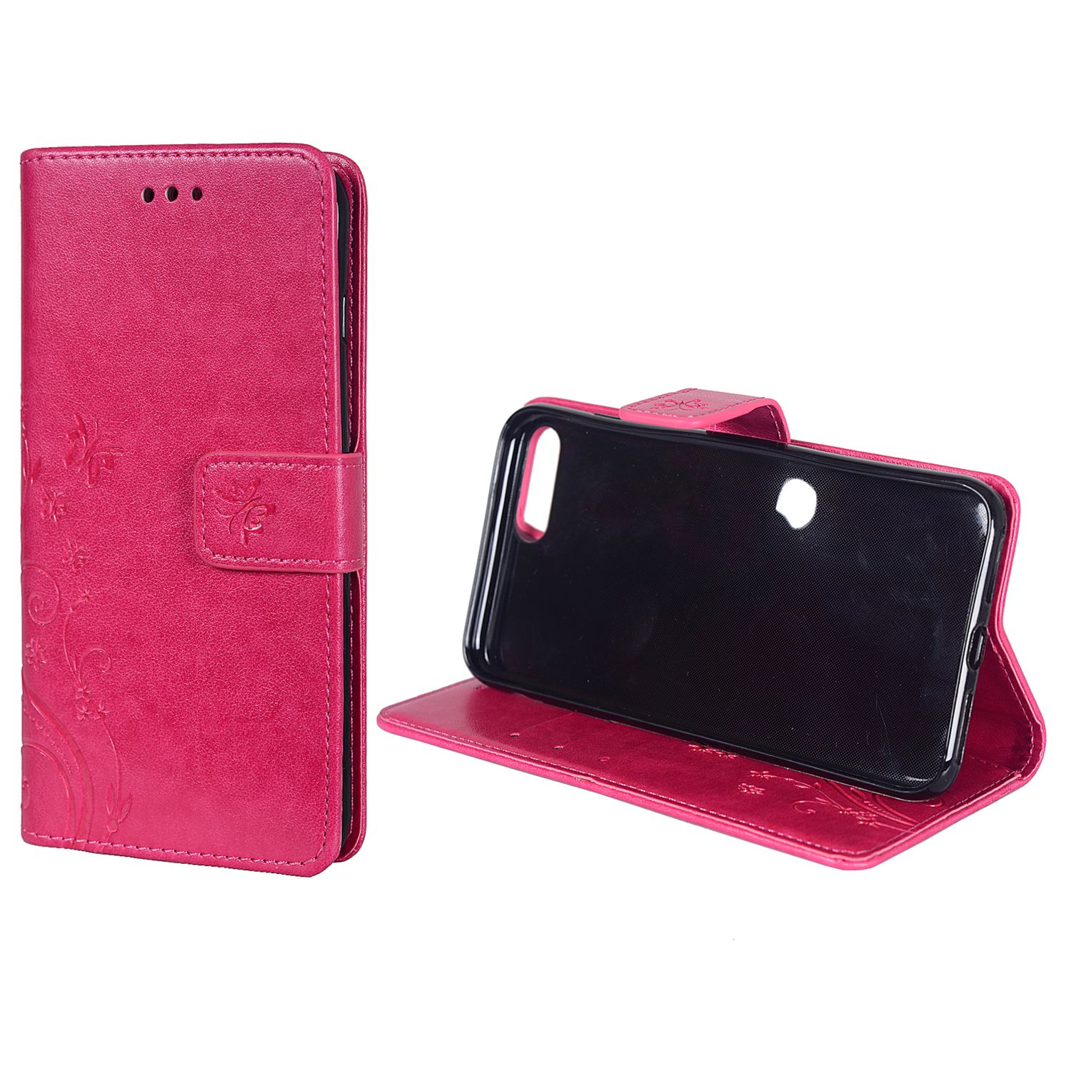 Rosa Handyhülle, geöffnet, mit Blumendesign und Telefon darin.