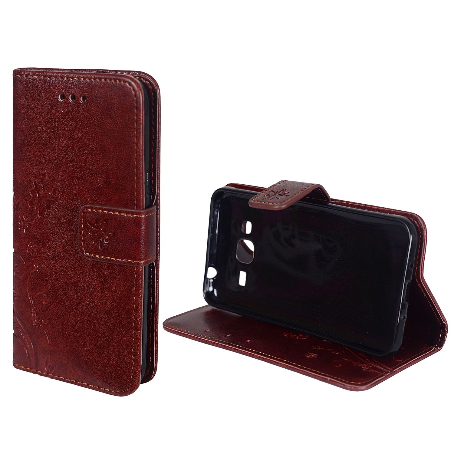 Eine braune Leder-Handyhülle mit einem Telefon darin. Die Hülle ist geöffnet und gibt das Telefon frei.