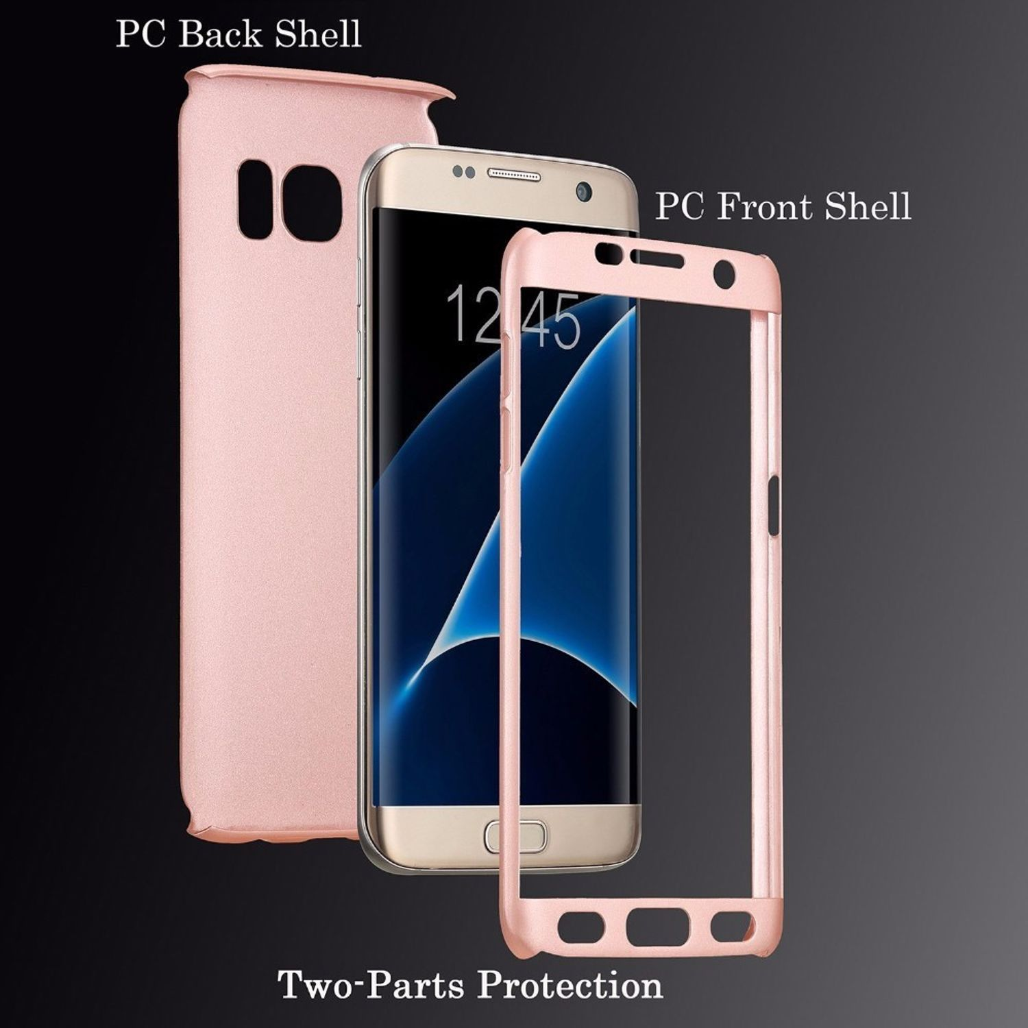 Rosafarbenes Telefon in pinker Hülle, neben den Gehäuseteilen. Grauer Hintergrund.