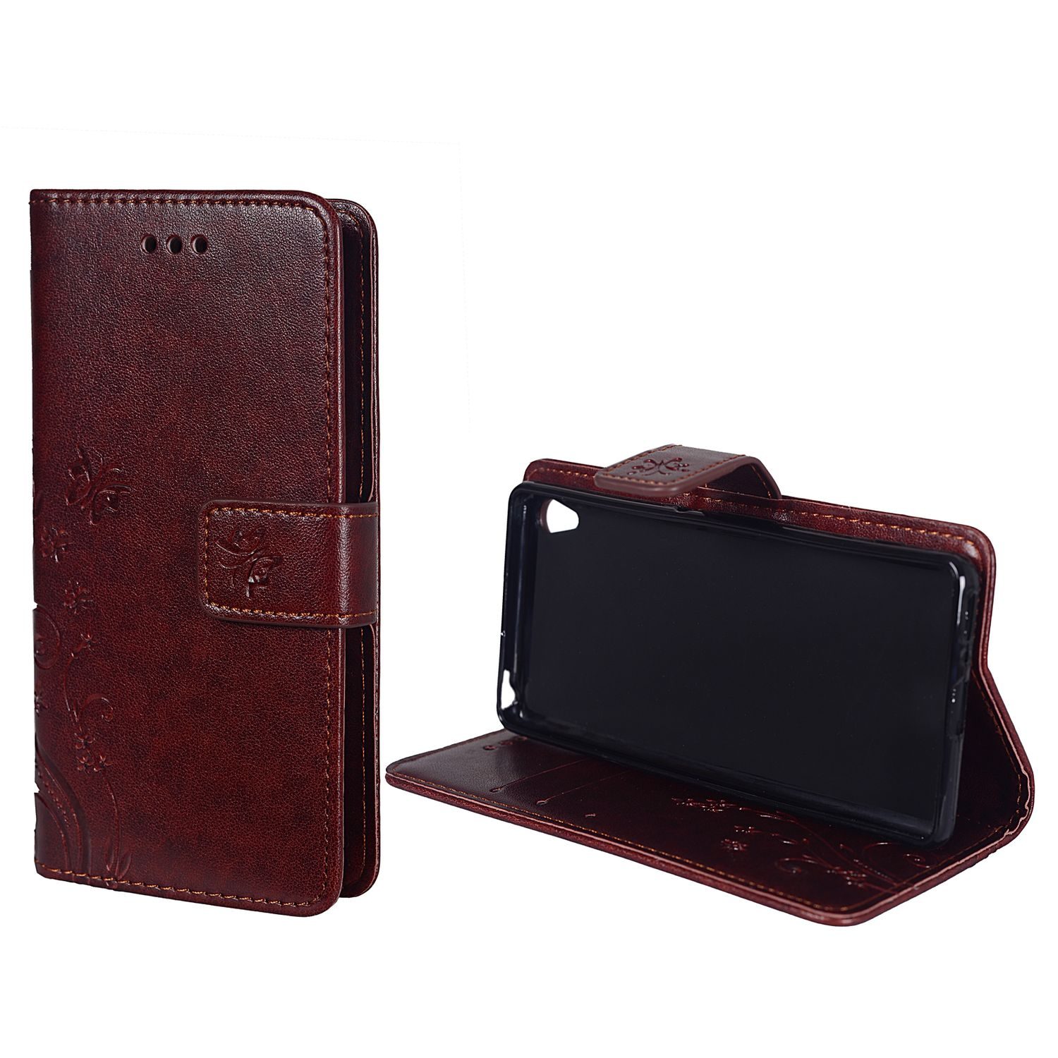 Braune Leder-Handyhülle, offen. Telefon innen. Geprägtes Blumenmuster auf der Vorderseite.
