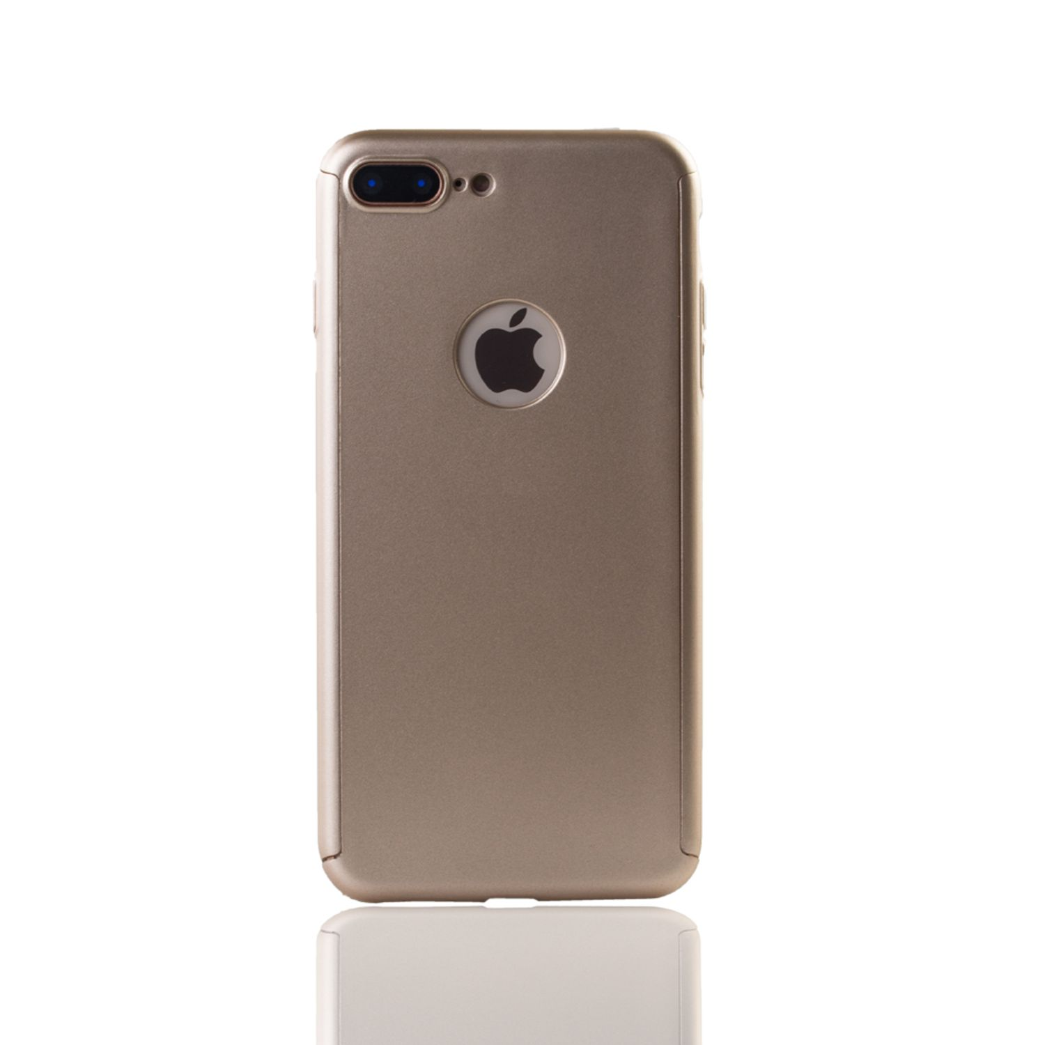 Goldenes Telefonrückteil mit einem Apple-Logo. Hat eine Kamera und einen Blitz.
