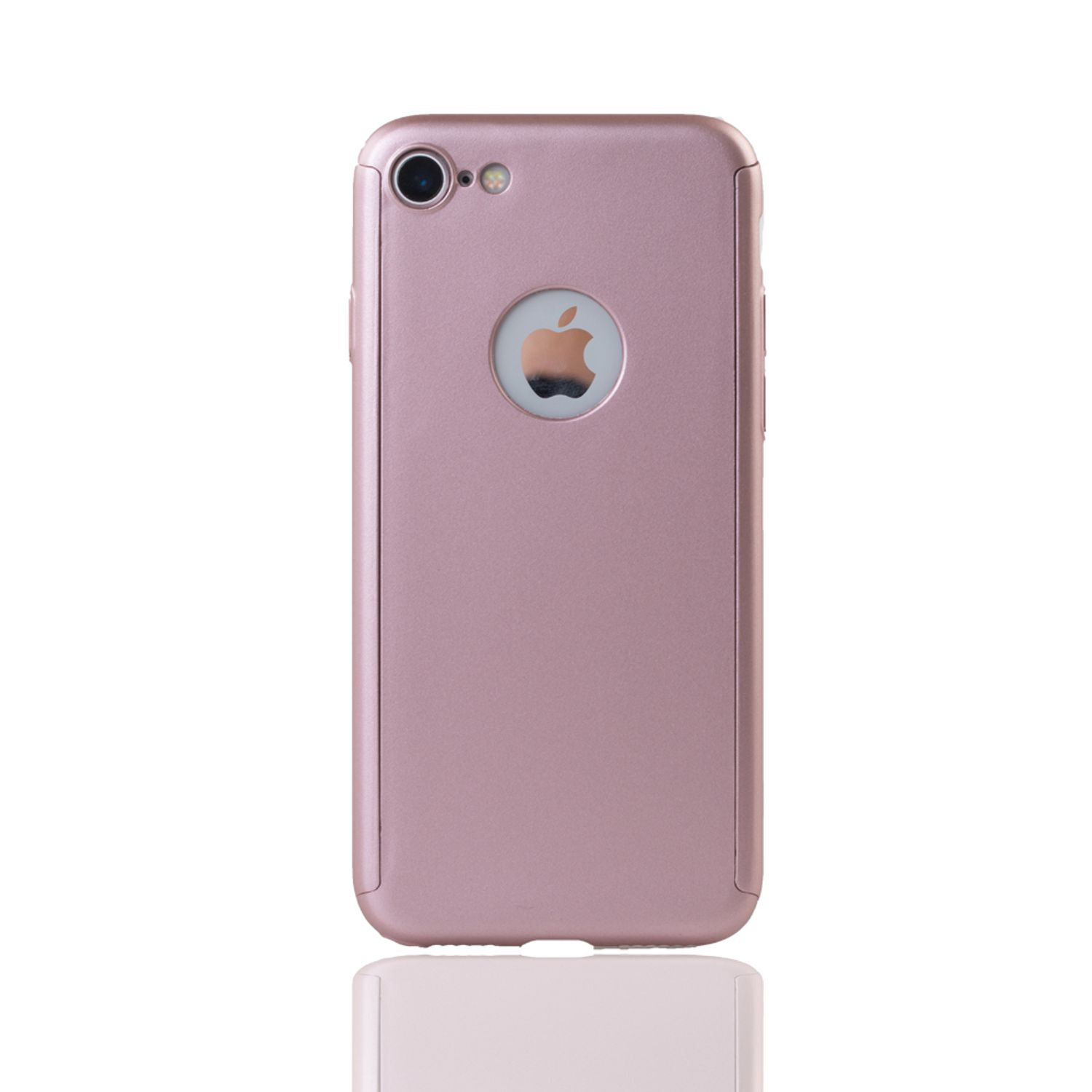 Rosa Handyhülle mit Apple-Logo-Ausschnitt. Auf weißer Oberfläche, Reflexion unten.