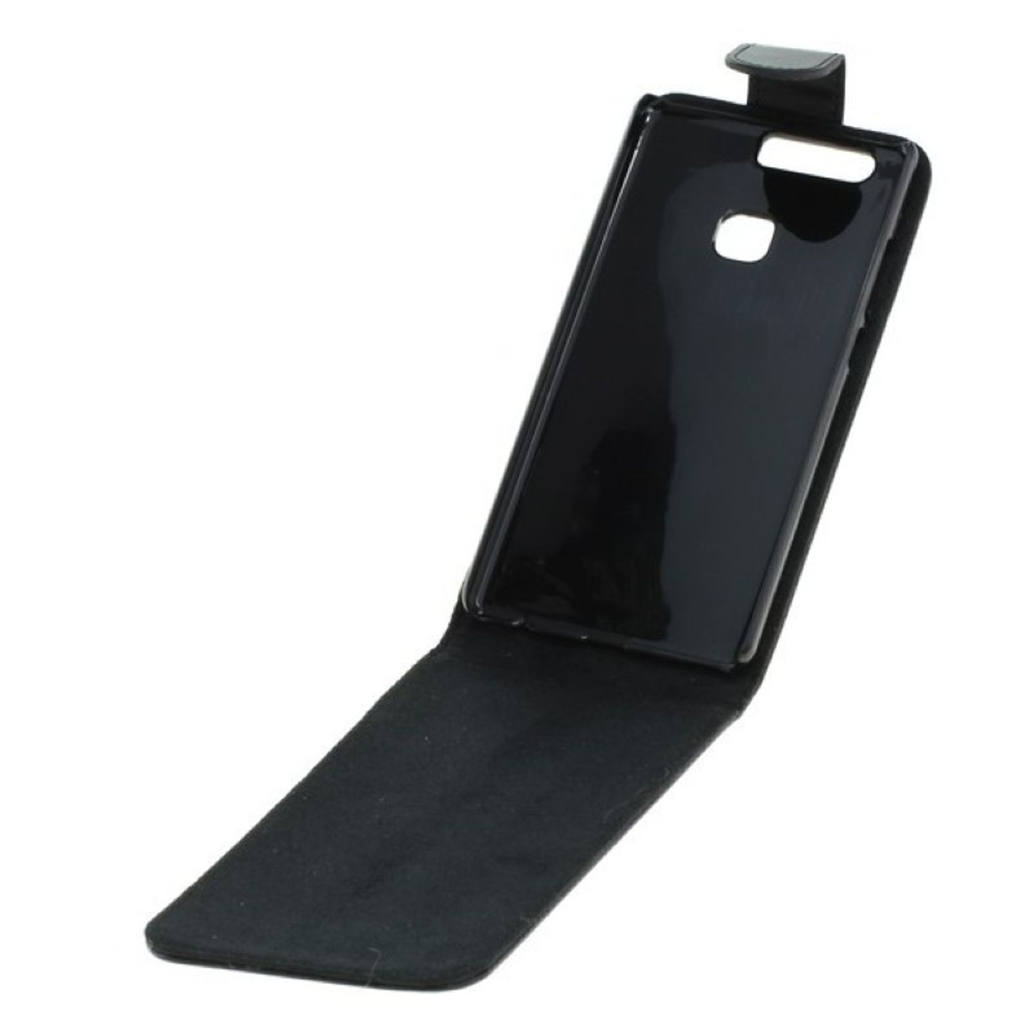 Schwarze Handyhülle, geöffnet. Die Innenseite zeigt die Form für ein Telefon. Sie liegt auf weißem Untergrund.