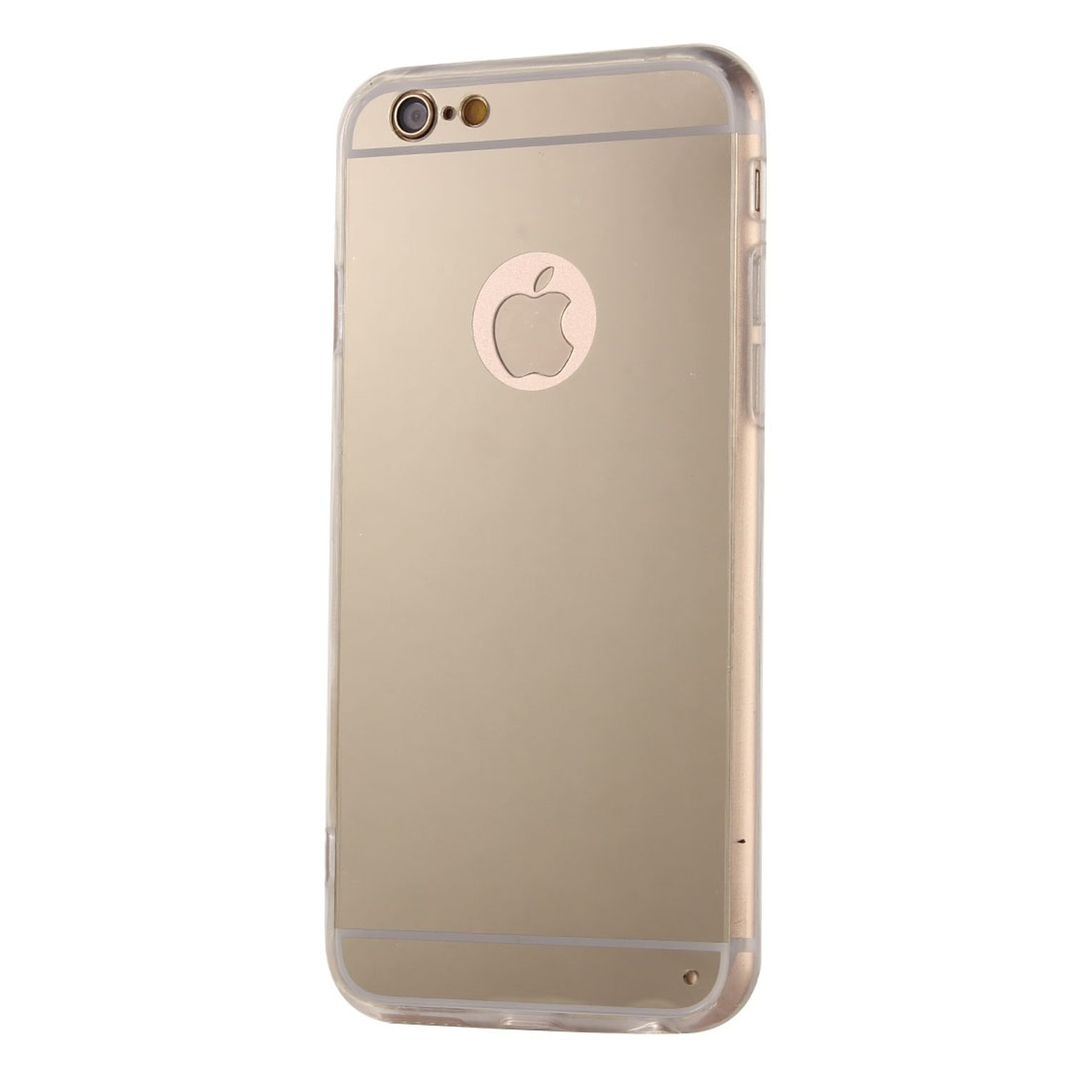 Goldene Handyhülle mit Apple-Logo. Transparente Hülle, klare Sicht auf die Rückseite des Telefons.