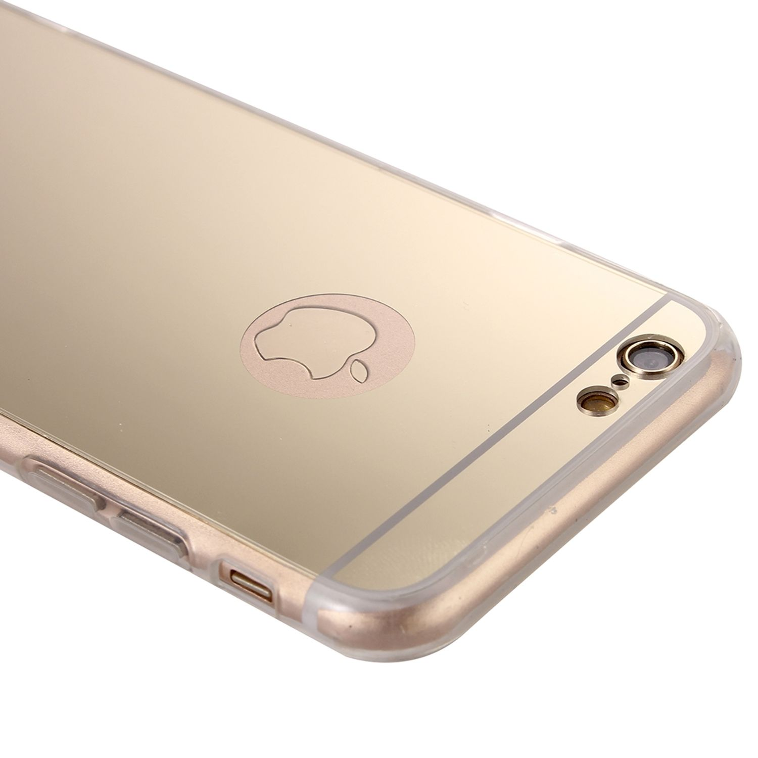 Goldfarbene Handyhülle mit Spiegelfinish, vor weißem Hintergrund.