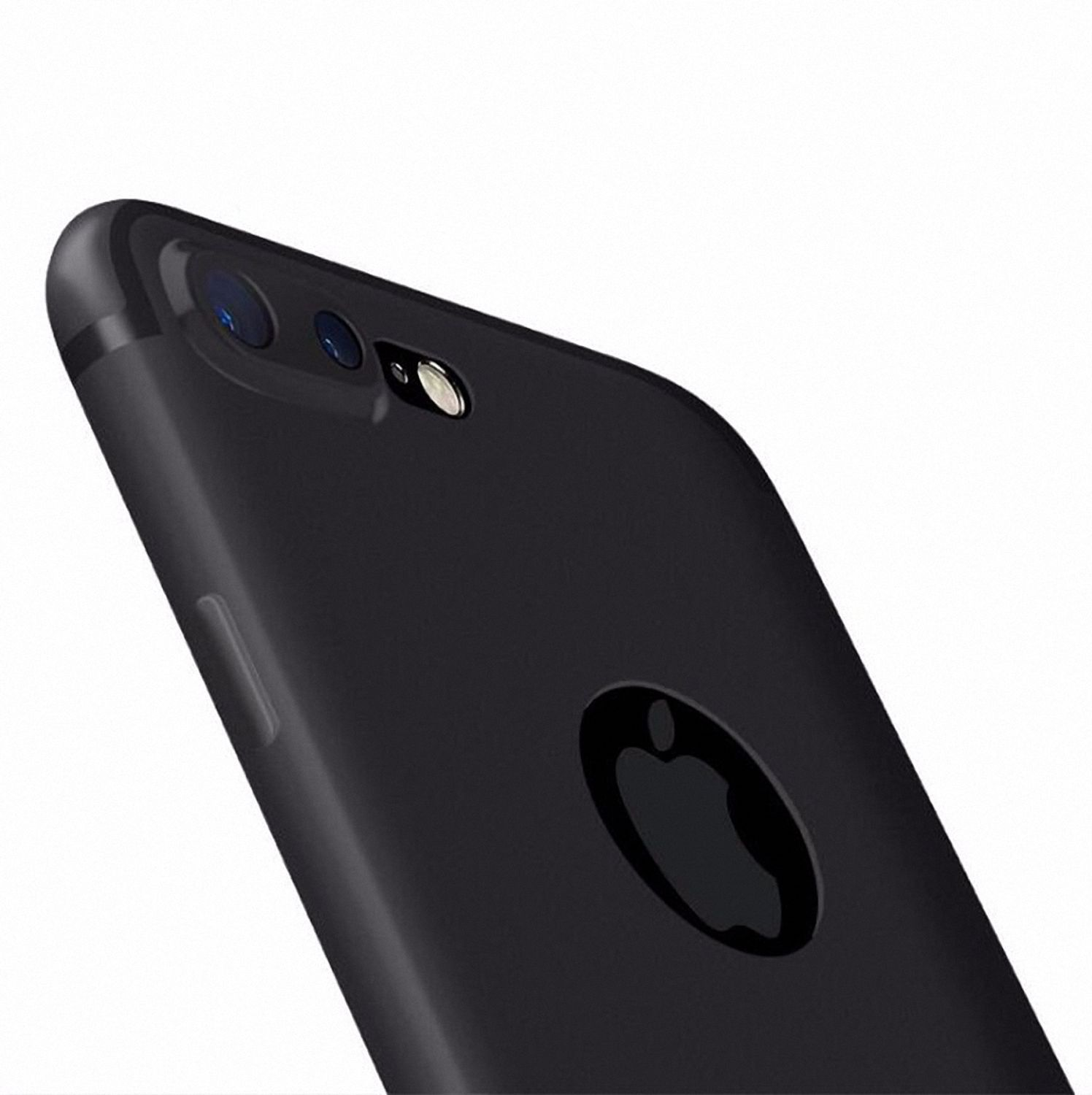 Schwarzes Telefon mit sichtbarer Kamera. Weißer Hintergrund.