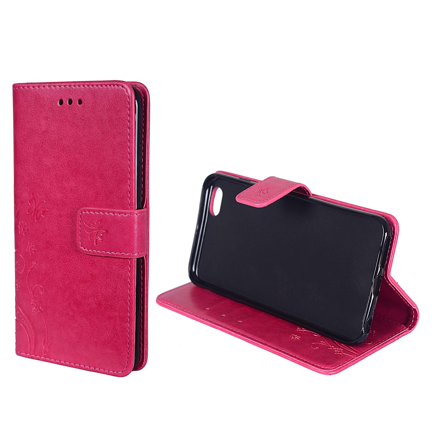 Offene pinke Handyhülle mit einem schwarzen Telefon im Inneren. Die Hülle liegt auf einer weißen Oberfläche.