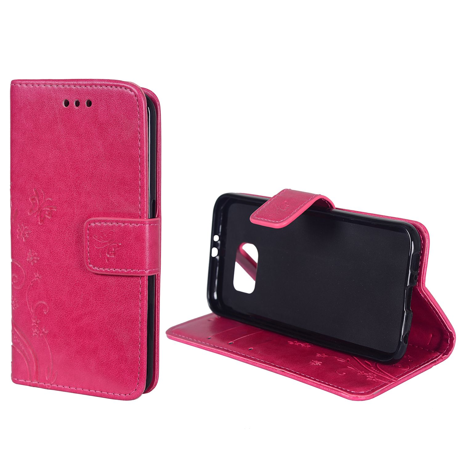 Eine rosa Handyhülle mit floralem Design. Sie ist offen und innen schwarz. Der Hintergrund ist weiß.