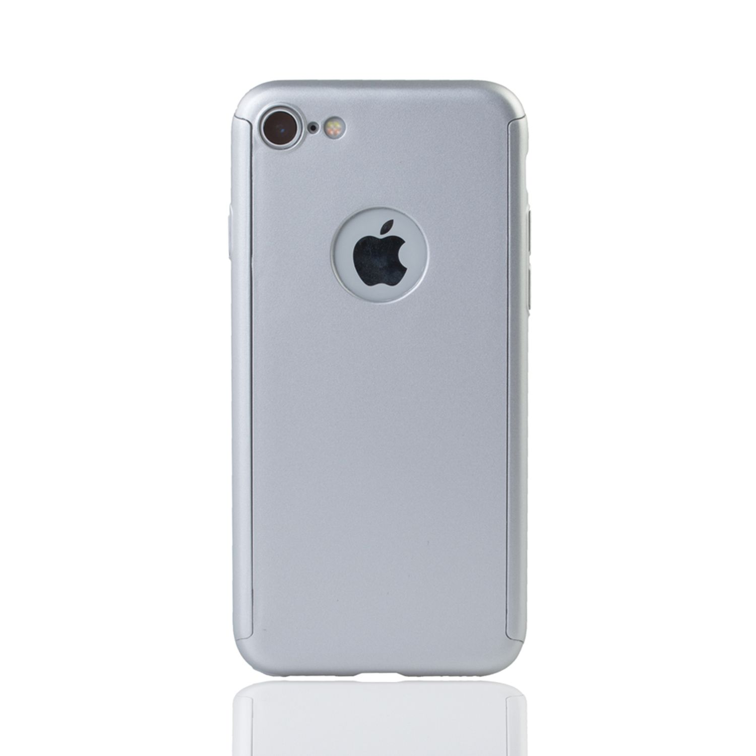 Silberne Handyhülle mit einem Apple-Logo. Weißer Hintergrund. Schwarze Kamera.