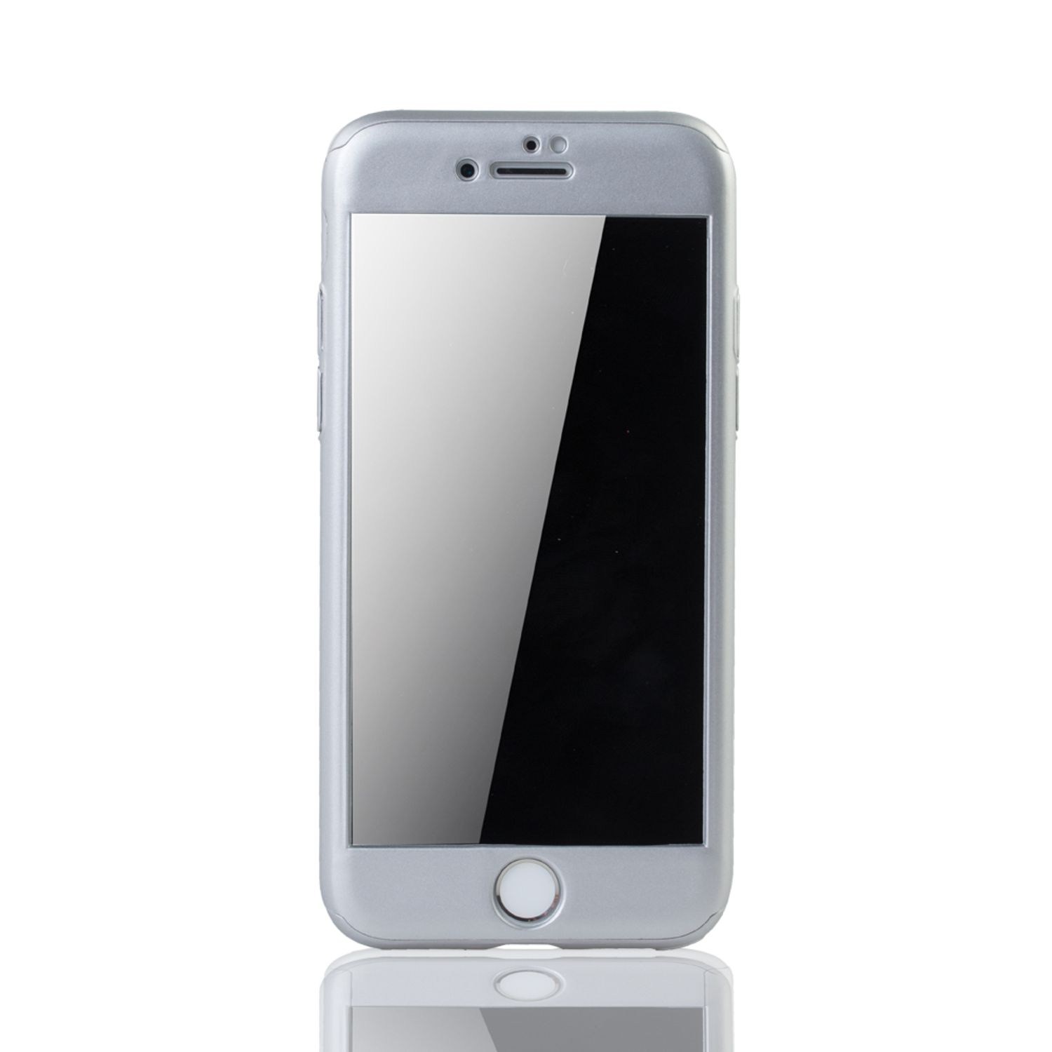 Silbernes Telefon in silberner Hülle. Der Bildschirm ist sichtbar, reflektiert Licht.