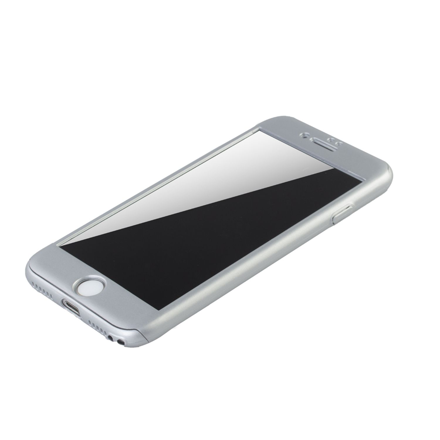 Silberne Handyhülle mit einem schwarzen Telefon darin. Weißer Hintergrund.