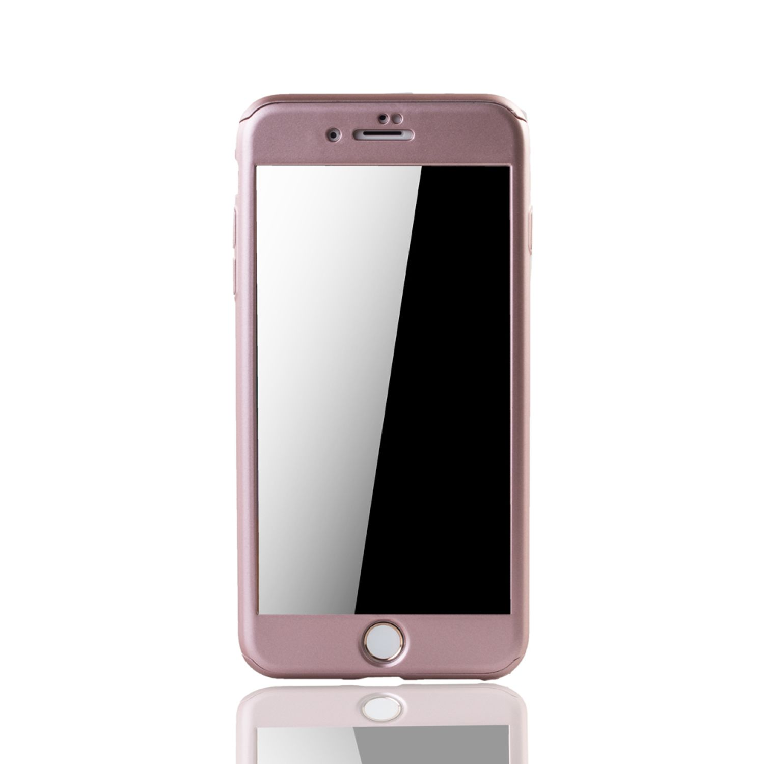 Eine roségoldene Handyhülle mit einem Telefon darin, Vorderansicht.