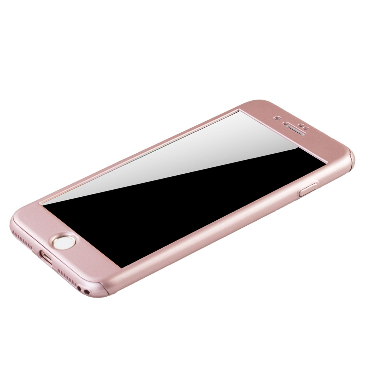 Roségoldfarbene Handyhülle mit Telefon darin, schwarzer Bildschirm, auf weißem Hintergrund. Die Hülle hat einen Rand.