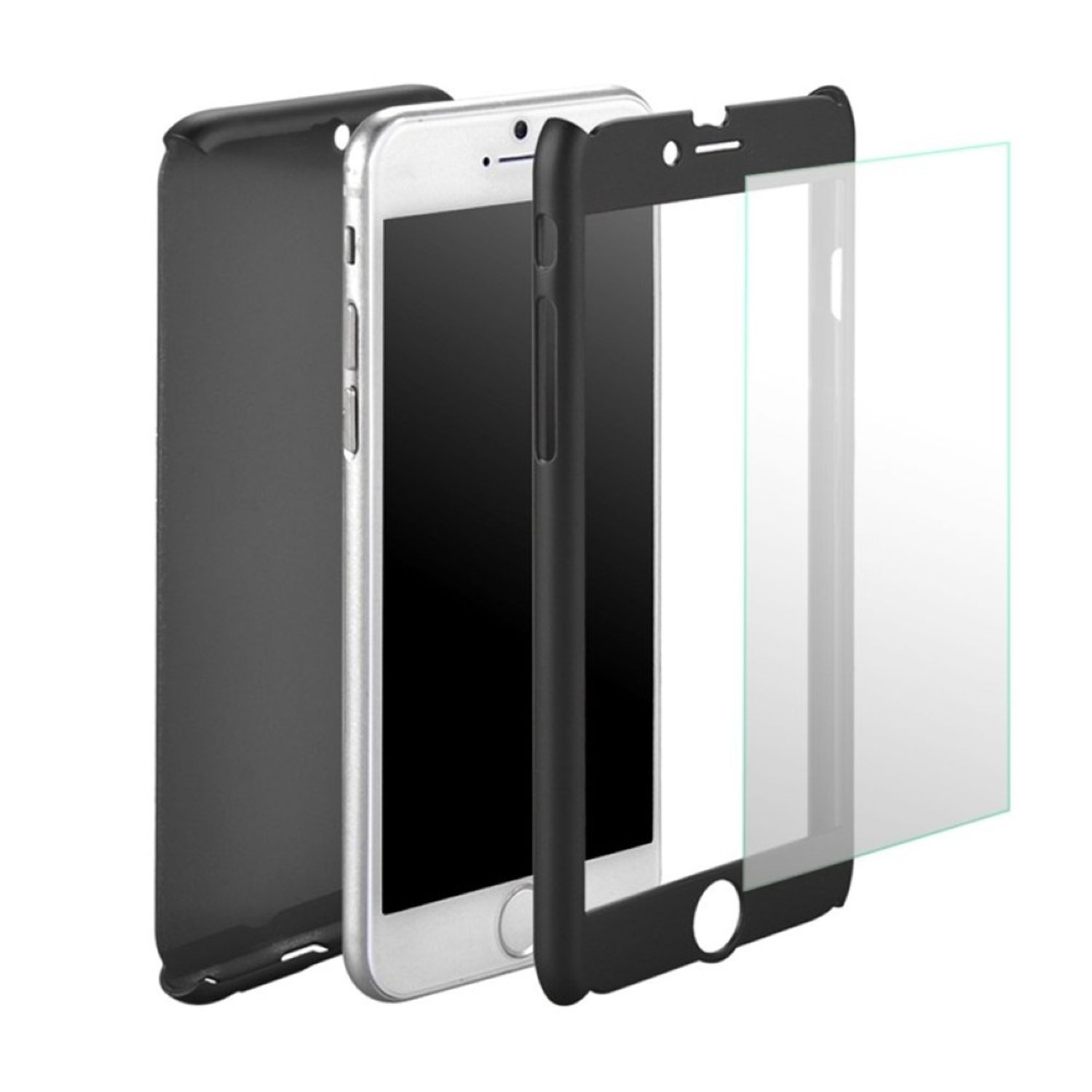 Telefon in Hülle mit Displayschutz. Schwarz-weißes Gehäuse, weißer Hintergrund.