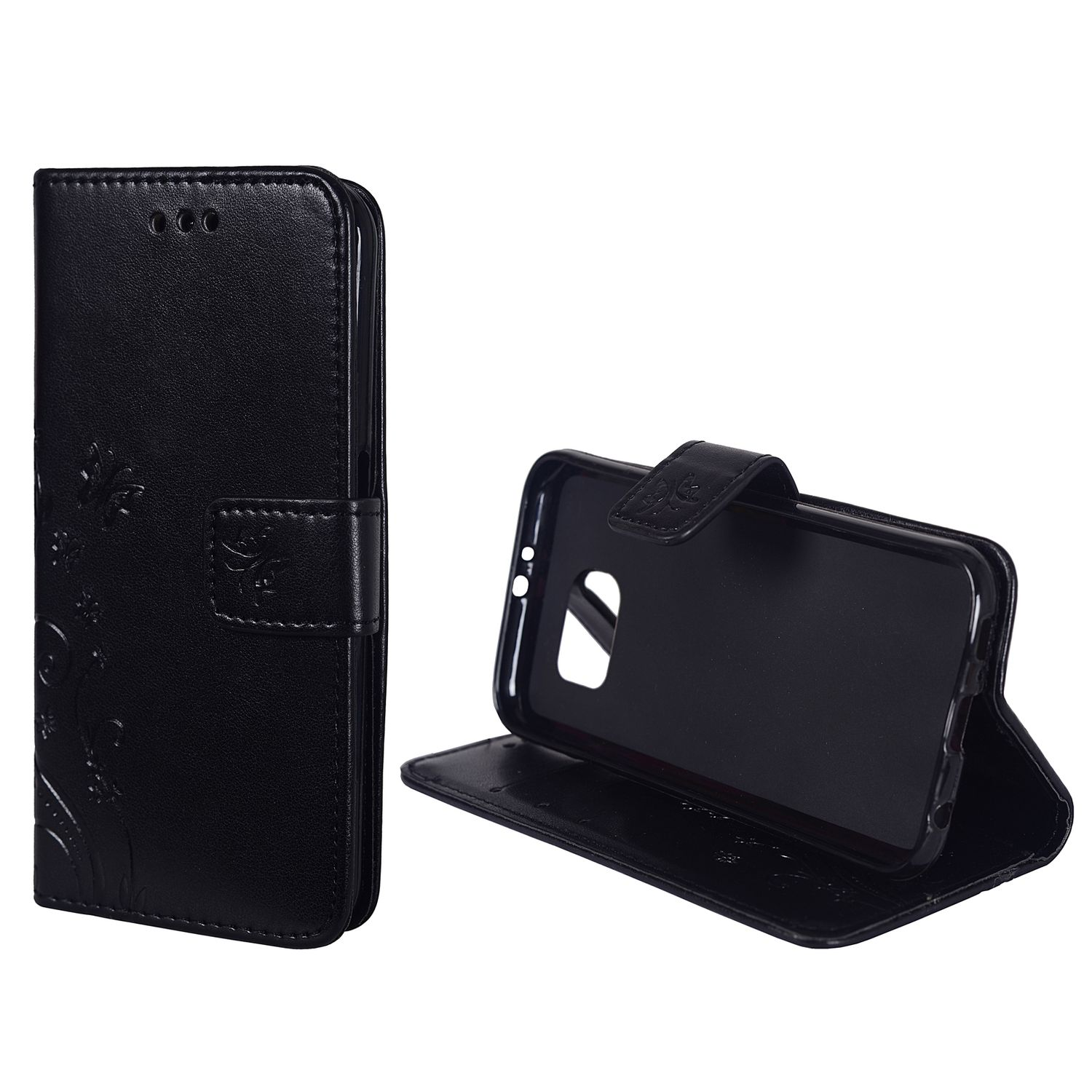 Schwarze Handyhülle mit floralem Design. Die Hülle ist offen, mit Telefon darin. Weißer Hintergrund.