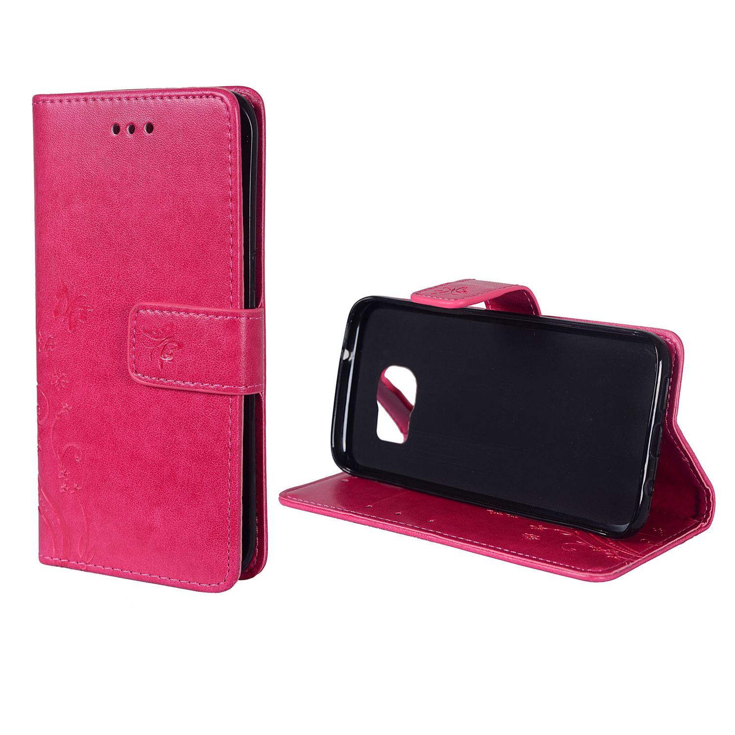 Rosa Handyhülle, geschlossen, mit floralem Design und Telefon innen.