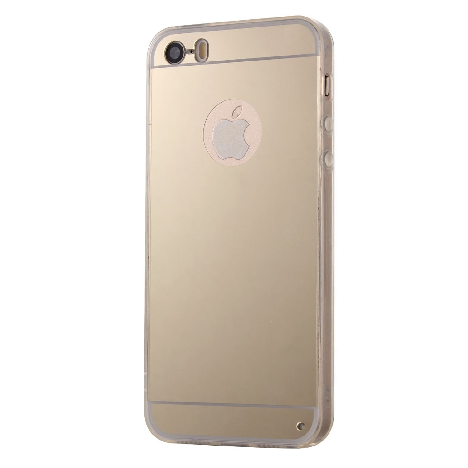 Goldene Handyhülle mit Apple-Logo. Die Hülle hat Kamera- und Knopfausschnitte. Der Hintergrund ist weiß.