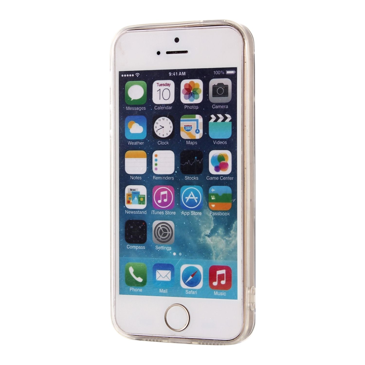 Weißes iPhone mit transparentem Case. App-Symbole sind sichtbar.