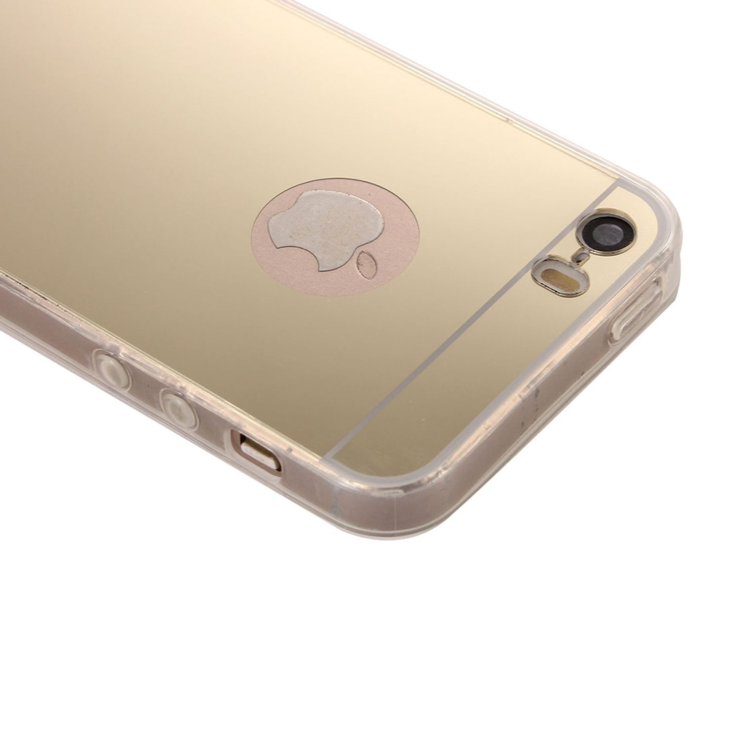 Goldenes Telefon. Eine transparente Hülle mit Kamera- und Knopflöchern wird gezeigt. Der Hintergrund ist weiß.