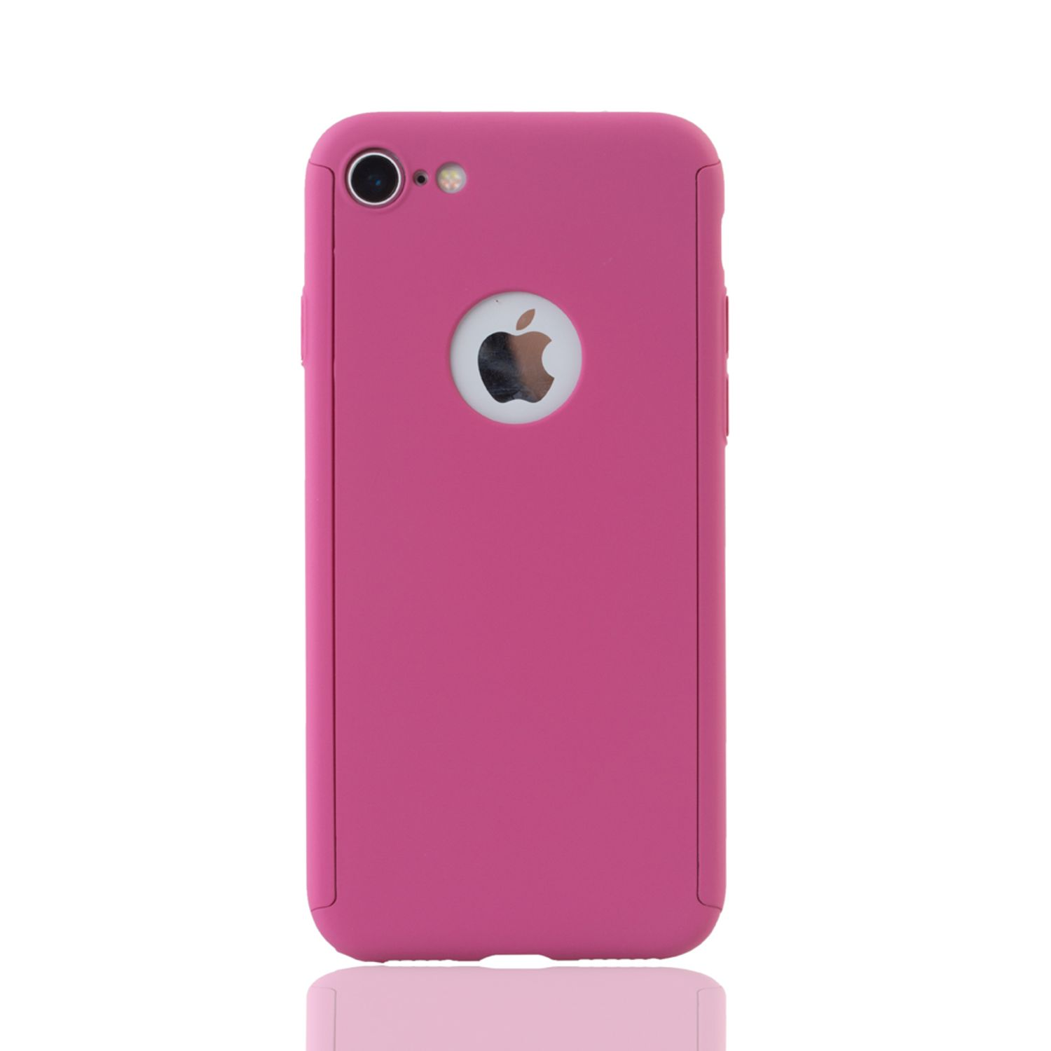 Eine pinkfarbene Handyhülle mit Apple-Logo auf der Rückseite. Weißer Hintergrund.