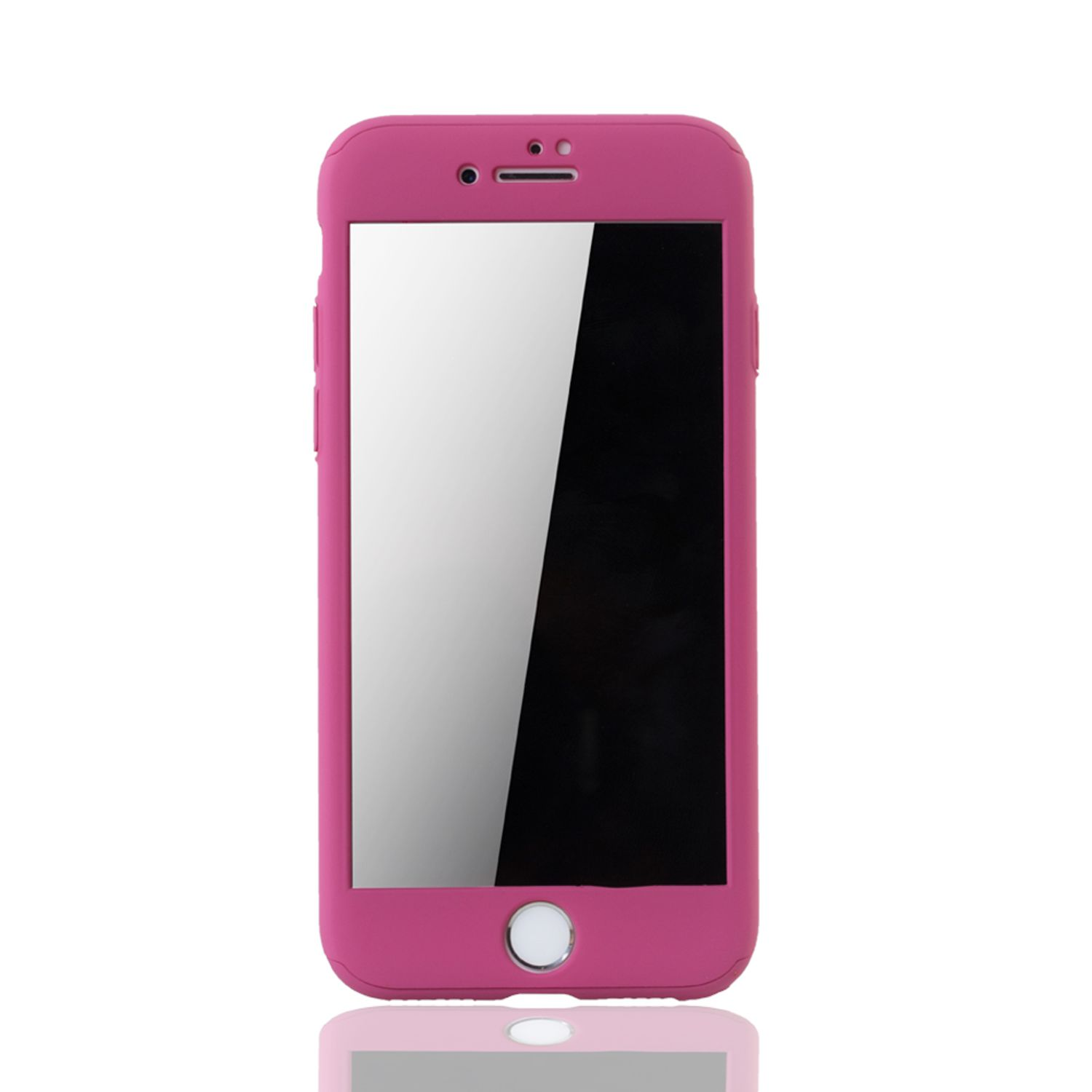 Pinkfarbene Handyhülle mit weißem Bildschirm. Die Hülle hat einen Home-Button und ein Kamera-Loch.