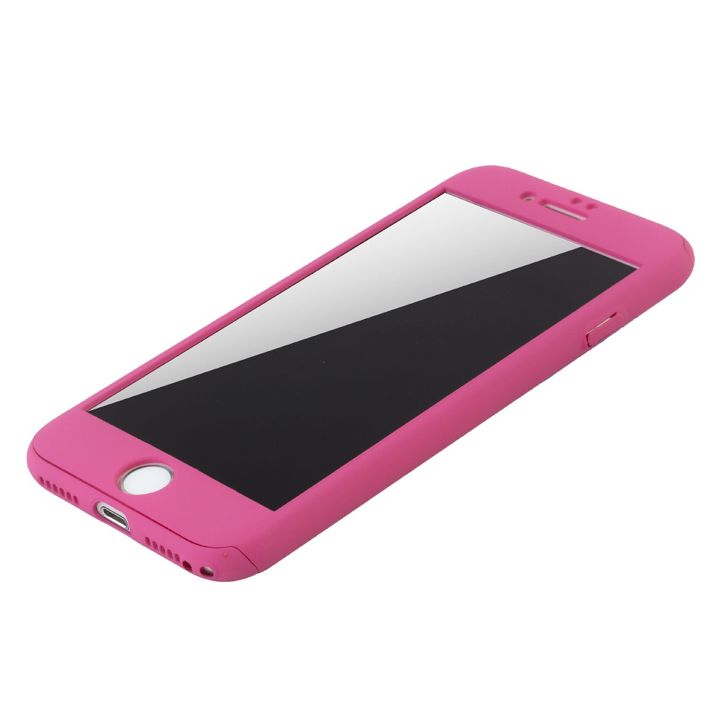 Rosa Handyhülle über einem Telefon. Der Bildschirm ist schwarz und reflektiert das Licht.