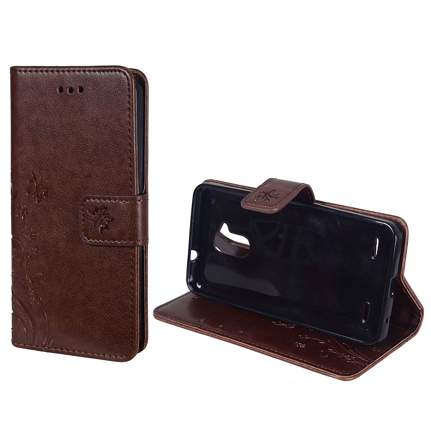 Braunes Leder-Handycase, offen. Die linke Seite hat ein Blumendesign, die rechte Seite hält ein Telefon.