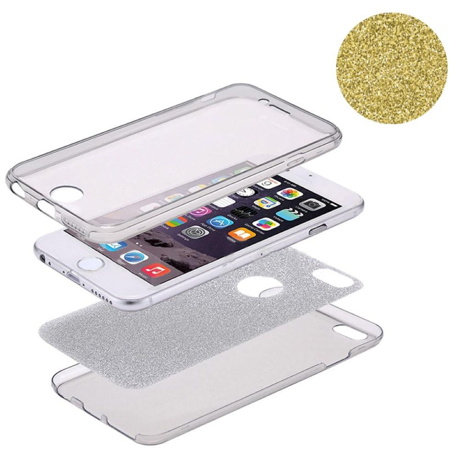 Ein Telefon mit transparentem Gehäuse, goldener Glitzerschicht und transparentem Schutzaufsatz.