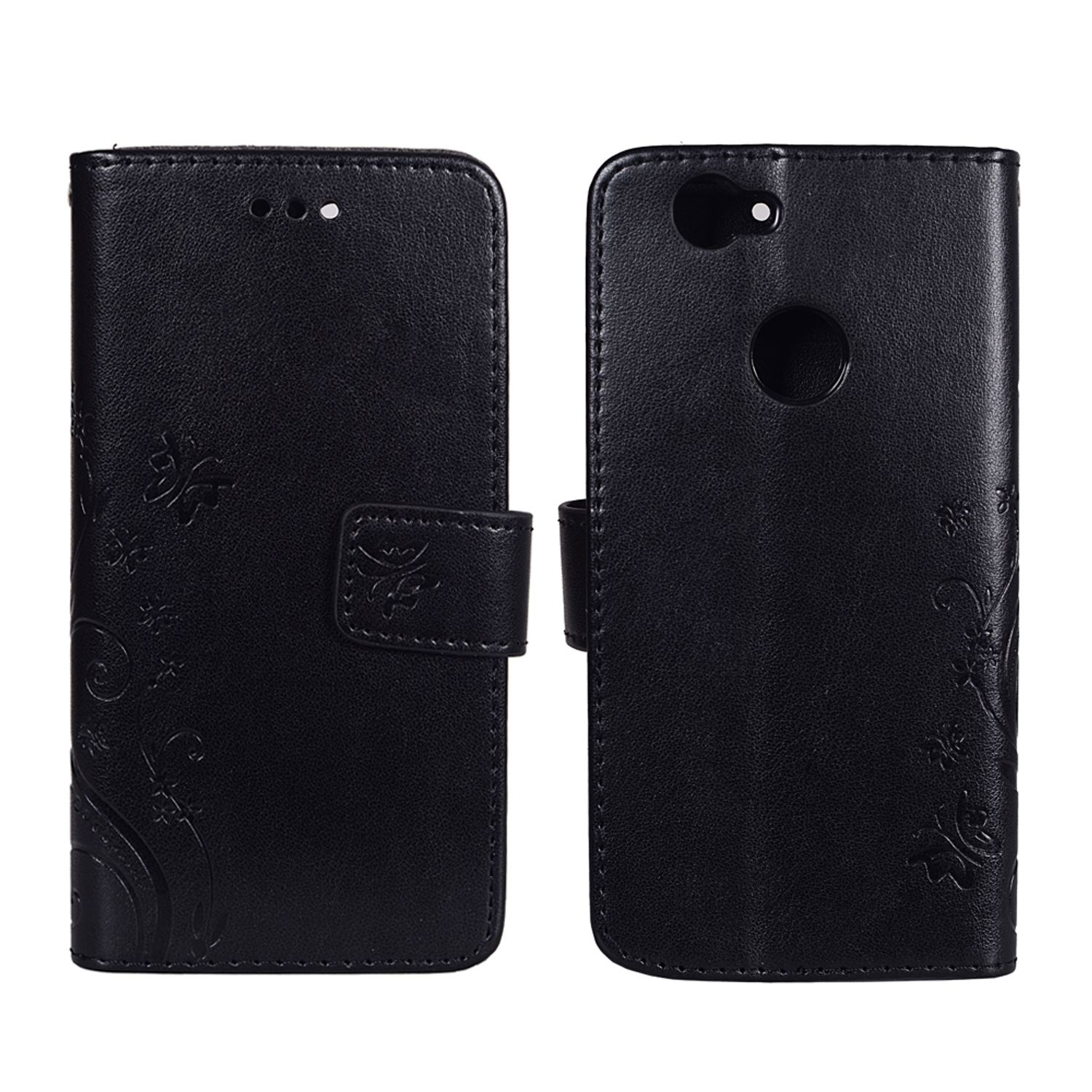 Schwarze Leder-Handyhülle, zweiteilig. Eines mit floralem Design, das andere mit Kameraaussparung.