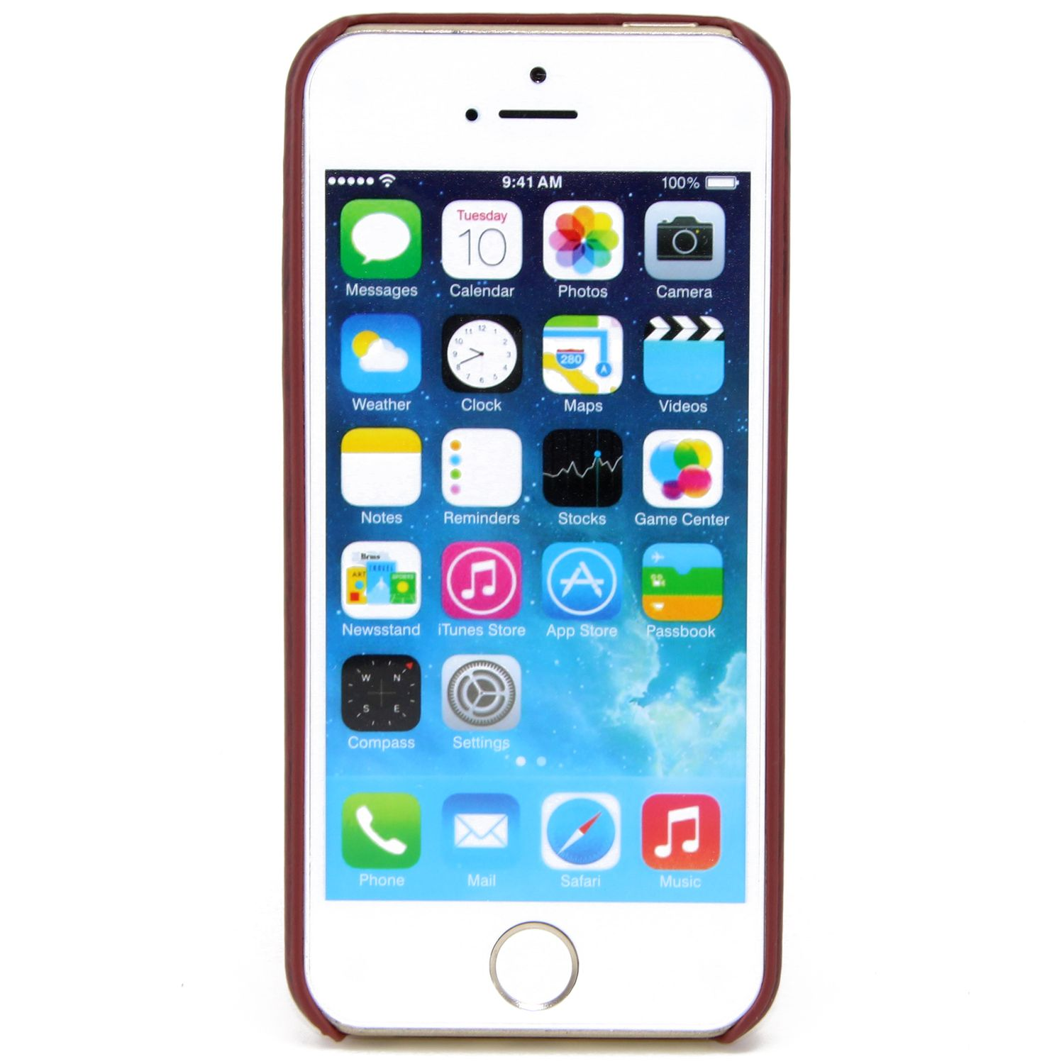 iPhone mit Symbolen auf dem Bildschirm und brauner Hülle. Auf weißem Hintergrund.
