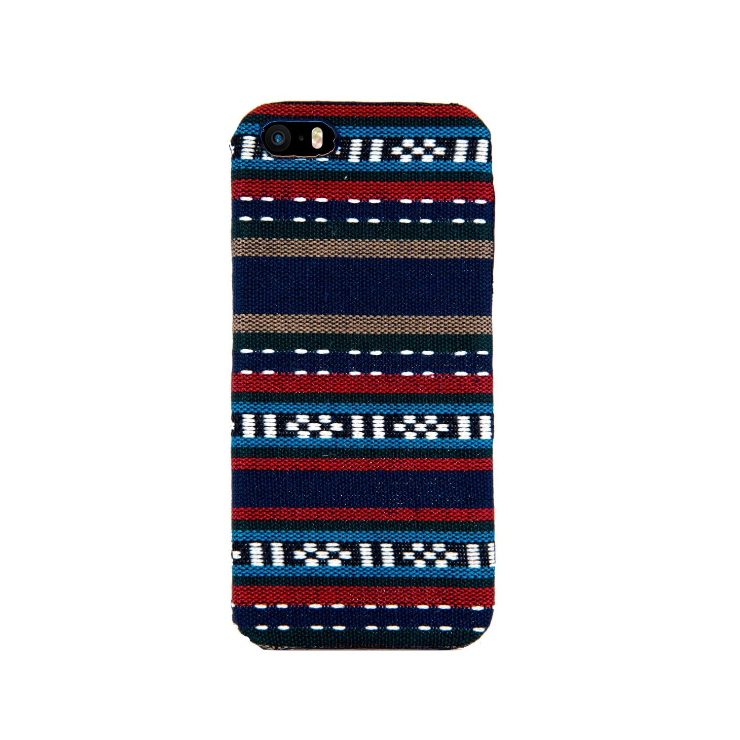Handyhülle mit buntem Design. Blaue, rote, weiße und braune Streifen.