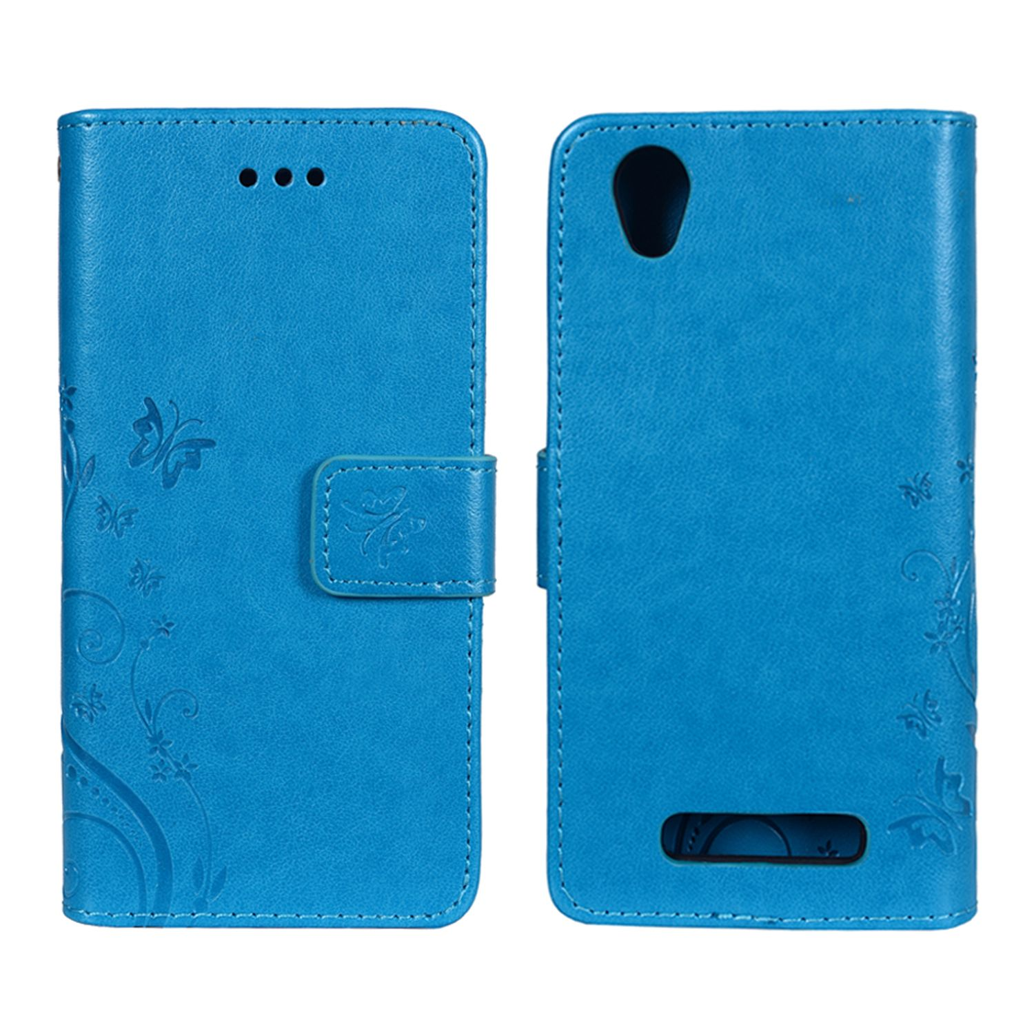 Blaue Handyhülle offen, Telefon mit App-Symbolen zeigend. Schmetterlinge auf der Hülle.