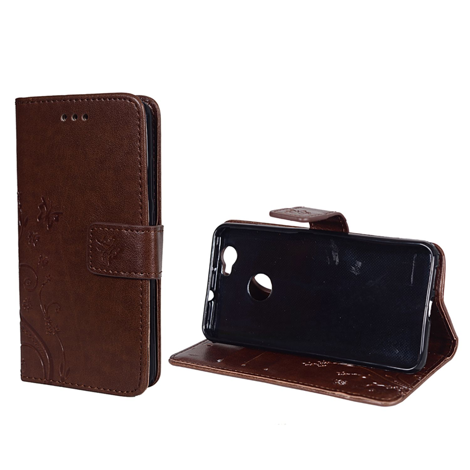 Braune Leder-Handyhülle, geöffnet, um ein Telefon im Inneren zu zeigen. Schmetterlingsdesign.