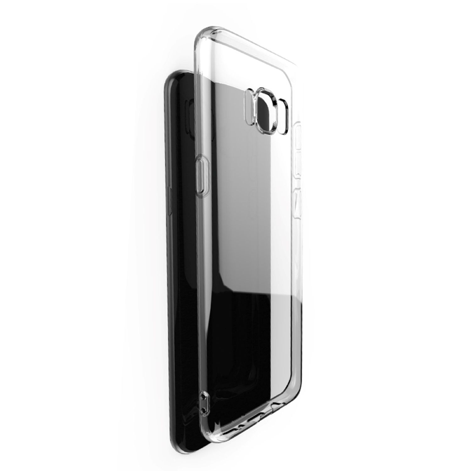 Transparente Handyhülle, hält Telefon, Telefon ist schwarz. Die Hülle umschließt das Telefon.