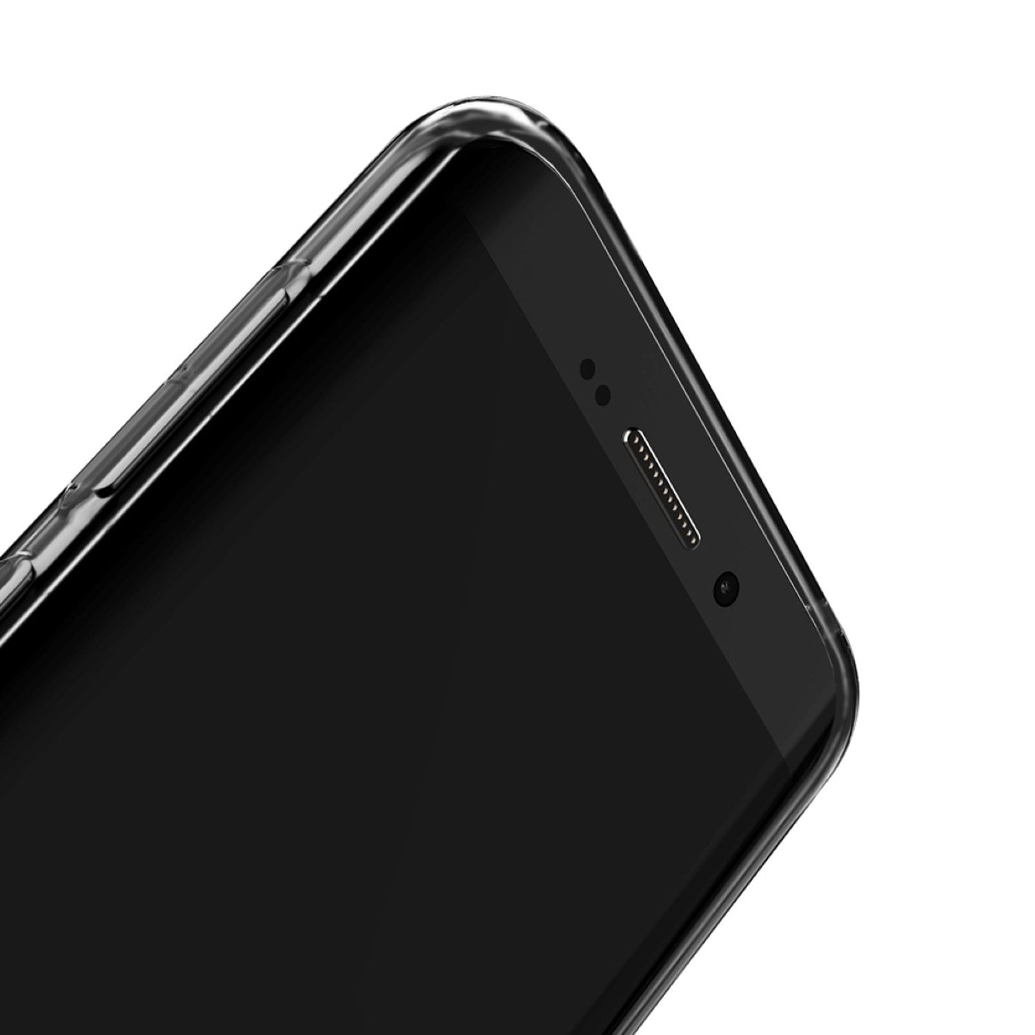 Schwarzes Telefon mit transparenter Hülle.