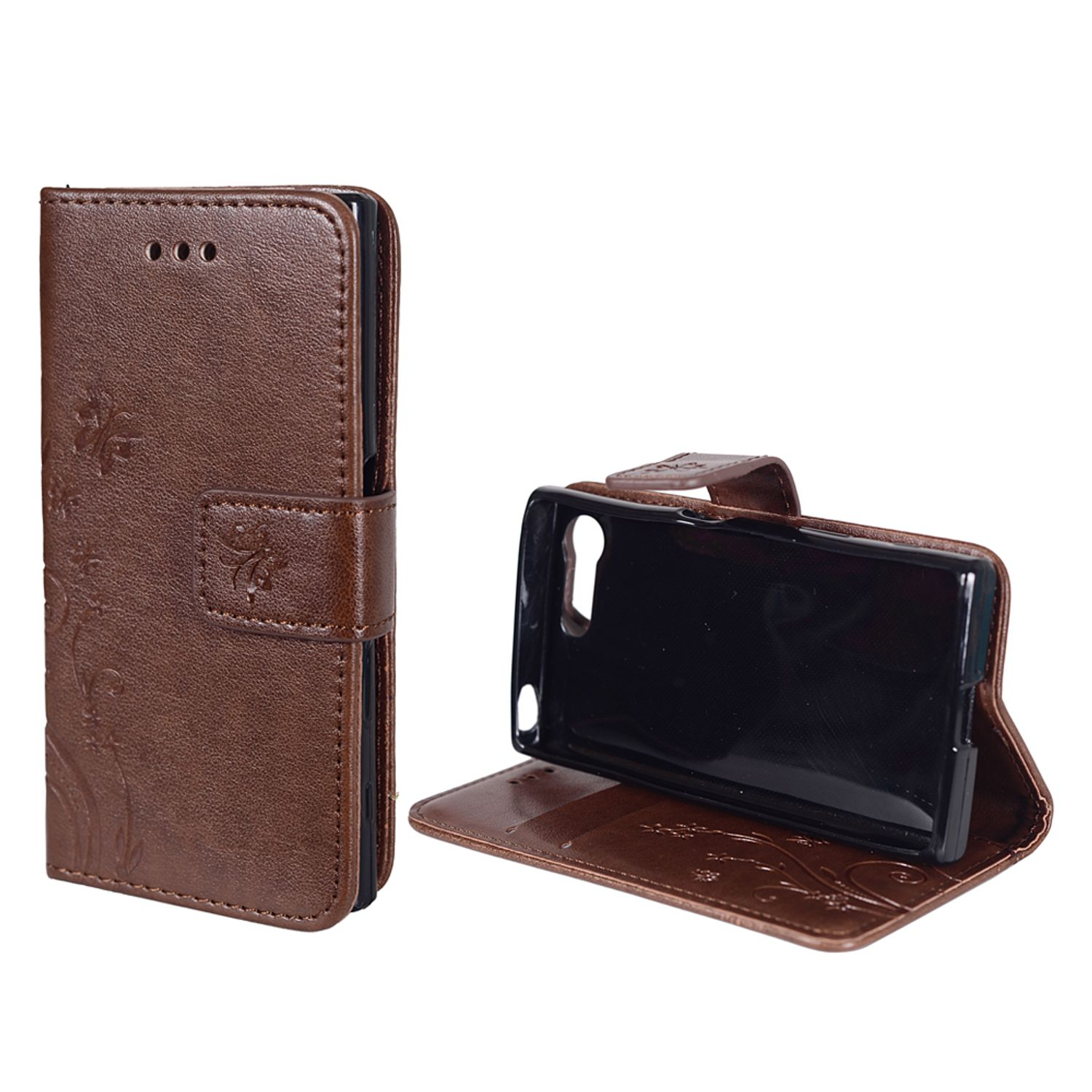 Geöffnete braune Leder-Handyhülle, mit Telefon und Blumendesign.