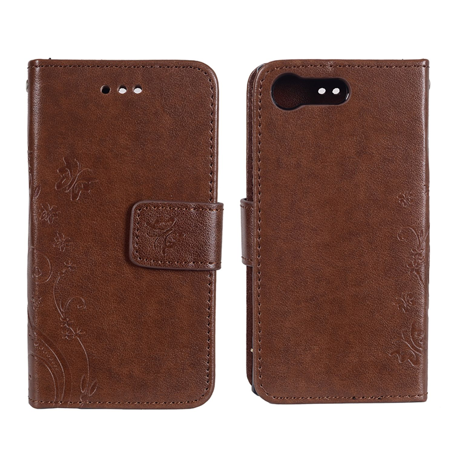 Zwei braune Handyhüllen, eine geschlossen und eine offen. Die offene Hülle zeigt ein Telefon im Inneren. Es hat ein Blumenmuster.