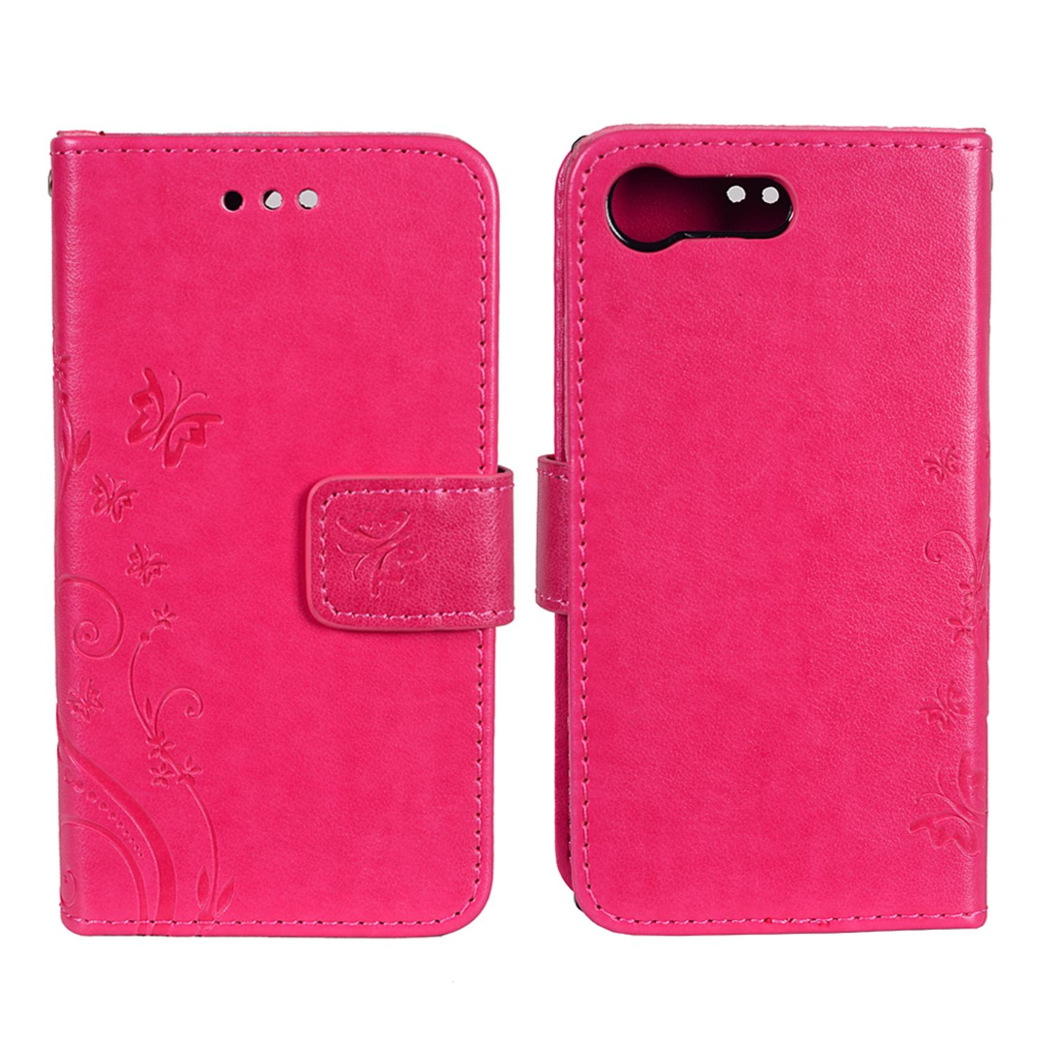 Pinke Handyhülle mit Blumendesign, offen und geschlossen.