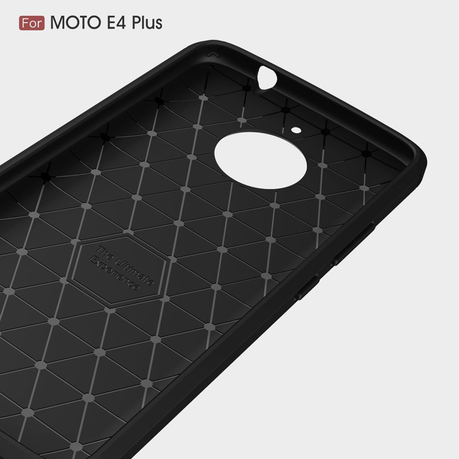 Eine schwarze Handyhülle mit geometrischem Muster. Die Hülle ist auf hellgrauem Hintergrund.