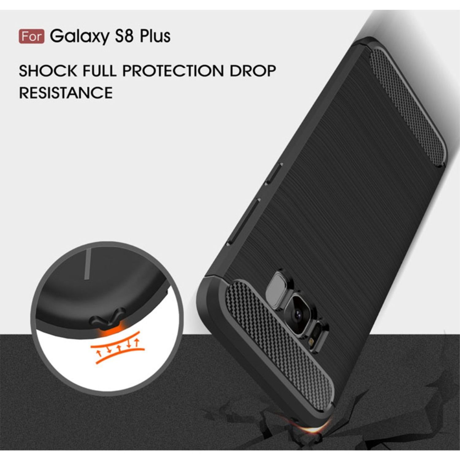 Schwarze Handyhülle für Galaxy S8 Plus. Text: SHOCK FULL PROTECTION DROP RESISTANCE. Pfeilgrafik.