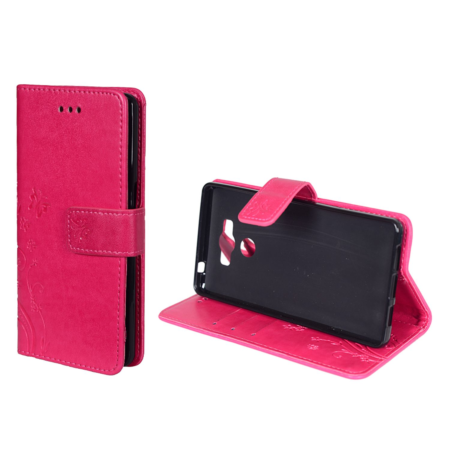 Eine rosa Handyhülle mit Telefon, geöffnet, mit floralem Design.