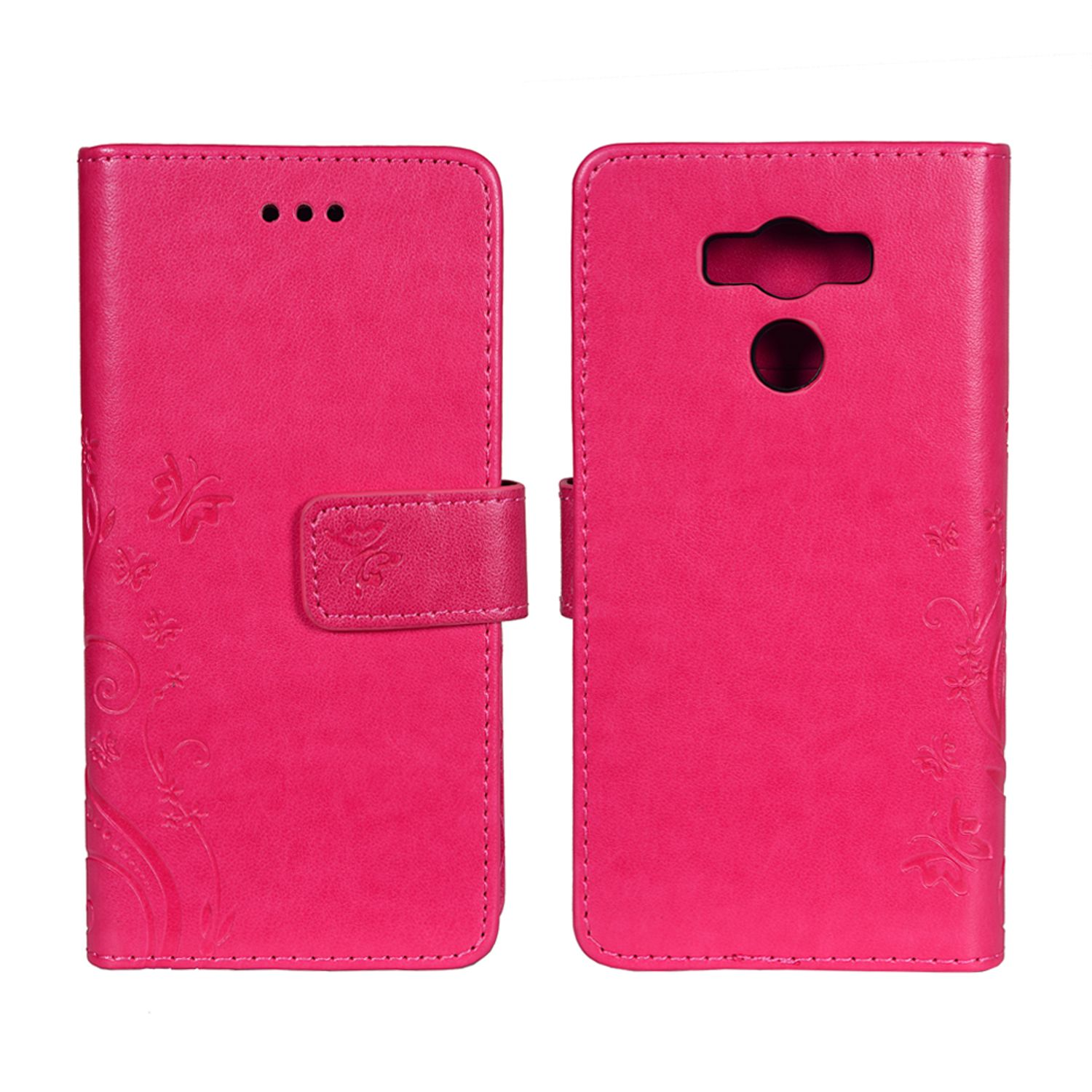 Geöffnete rosa Handyhülle mit geprägten Blumenmustern und Magnetverschluss.