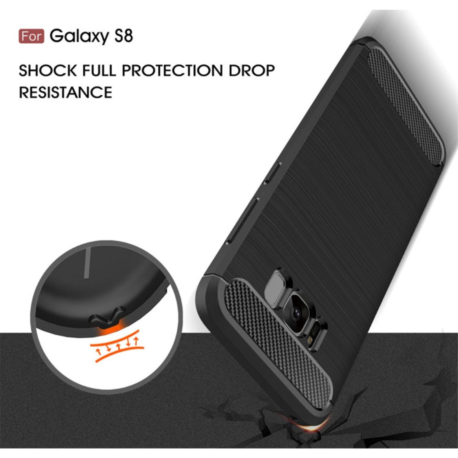 Schwarze Handyhülle für Galaxy S8, Text betont Stoß- und Fallschutz.
