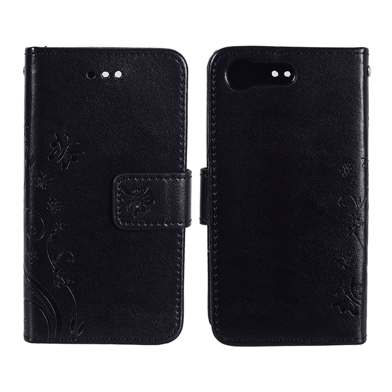 Schwarze Brieftaschenhülle mit floralem Muster und Verschluss. Die Hülle hat eine strukturierte Oberfläche.