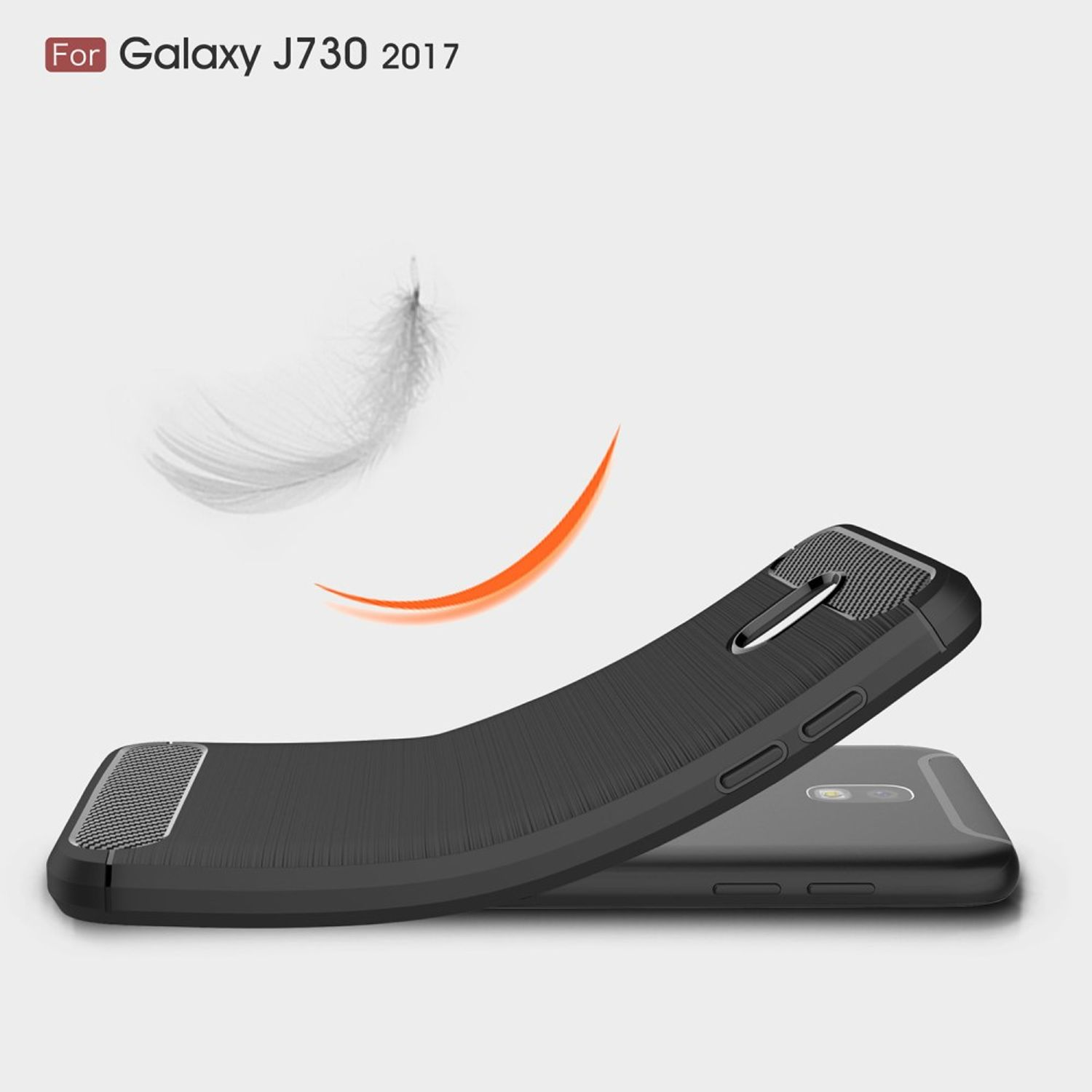 Schwarze Handyhülle. Text sagt 'For Galaxy J730 2017'. Hülle ist leicht gebogen. Heller Hintergrund.
