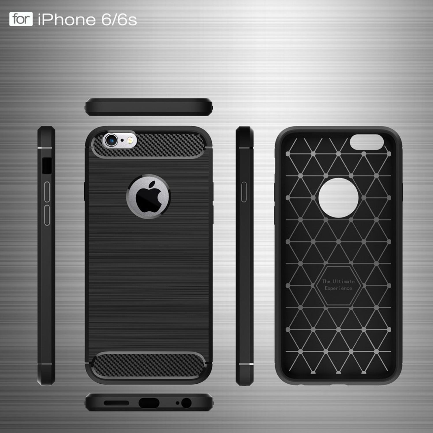 Schwarze Handyhülle mit mehreren Ansichten: vorne, hinten, Seiten. Text 'For iPhone 6/6s'. Metallischer Hintergrund.