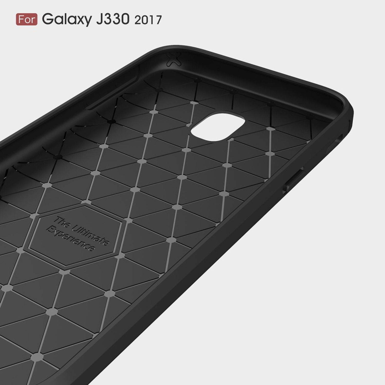 Schwarze Handyhülle für Galaxy J330 2017. Strukturierte Rückseite mit geometrischem Design.