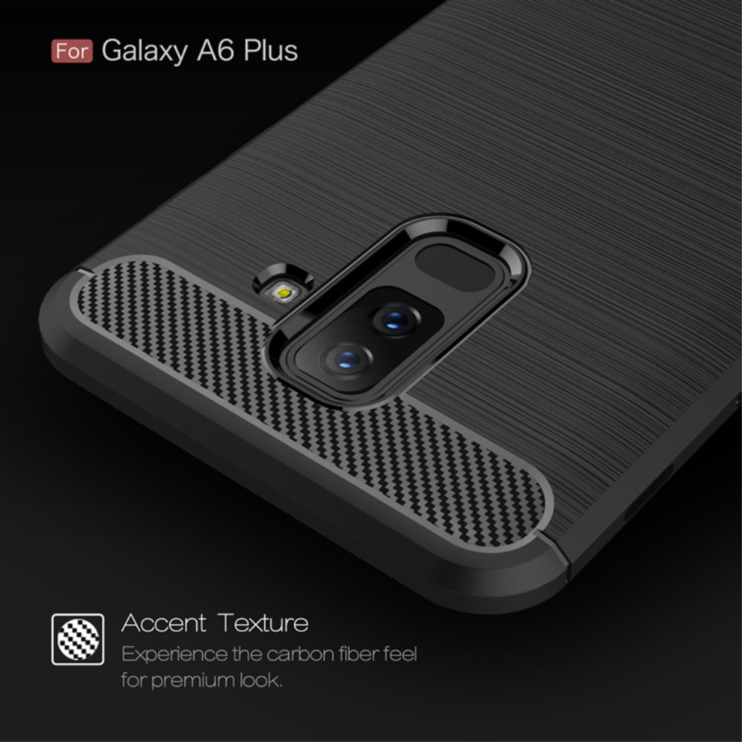Schwarze Handyhülle mit Carbonfaser-Textur und Kameradetails. Text: 'For Galaxy A6 Plus'.